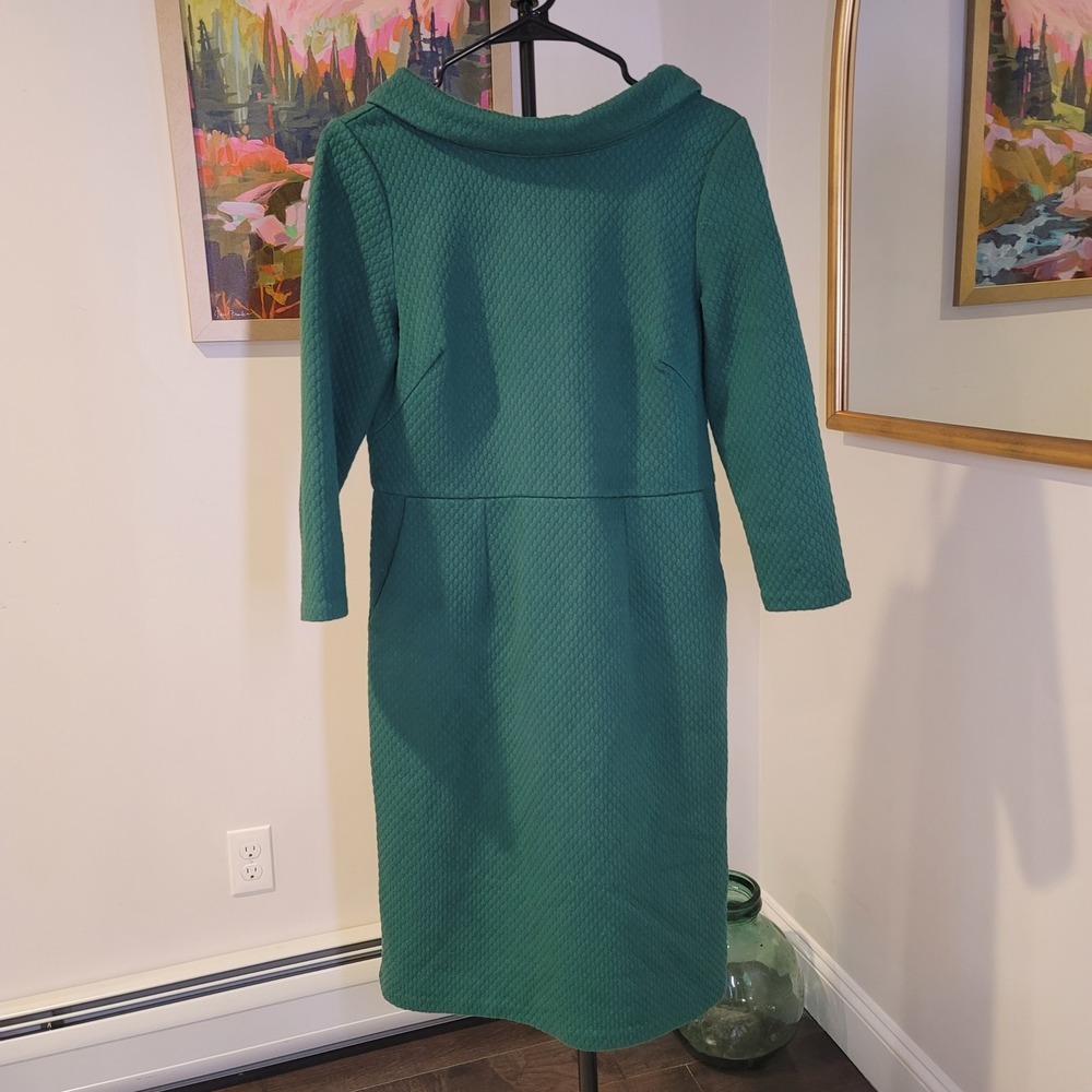 Boden Green Quilted Portrait Collar Dress 8L Long Sleeve Textured Sheath Pockets
